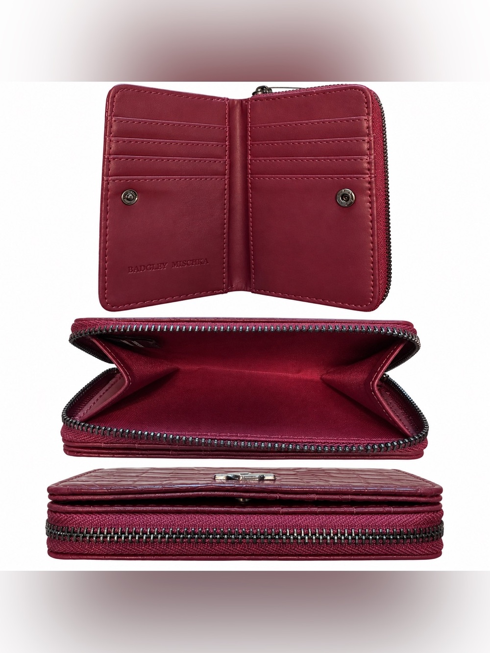 NWT Badgley Mischka Wine Croc Embossed Vegan Leather Zip Wallet - Picture 3 of 3